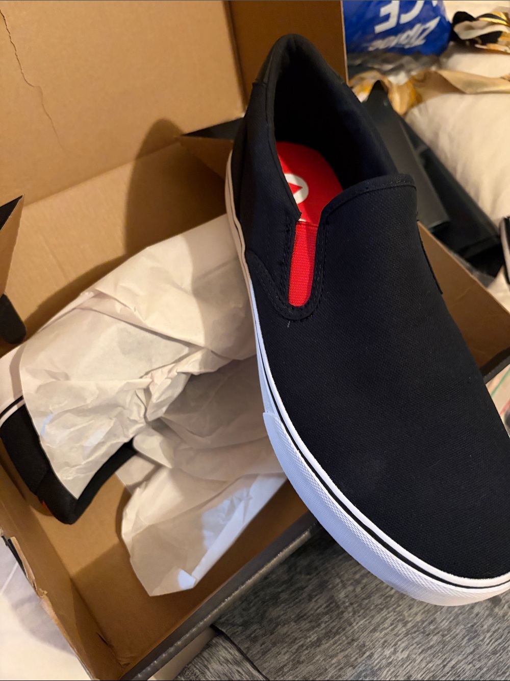 Airwalk Black Canvas Slip-On Loafers with White Sole and Red Insole